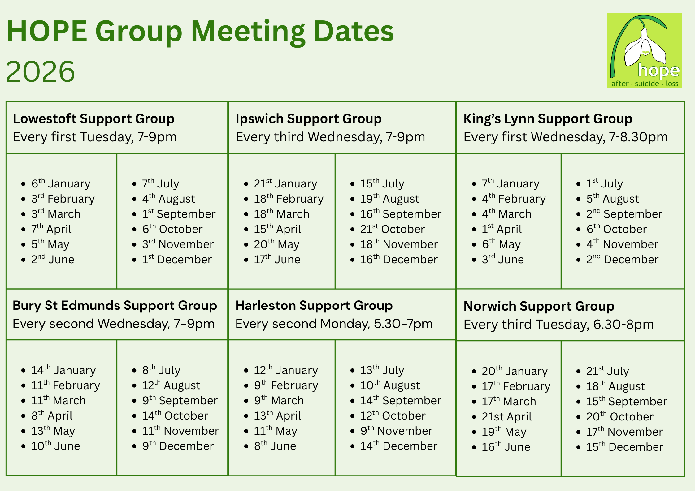 HOPE Groups Calendar 2026