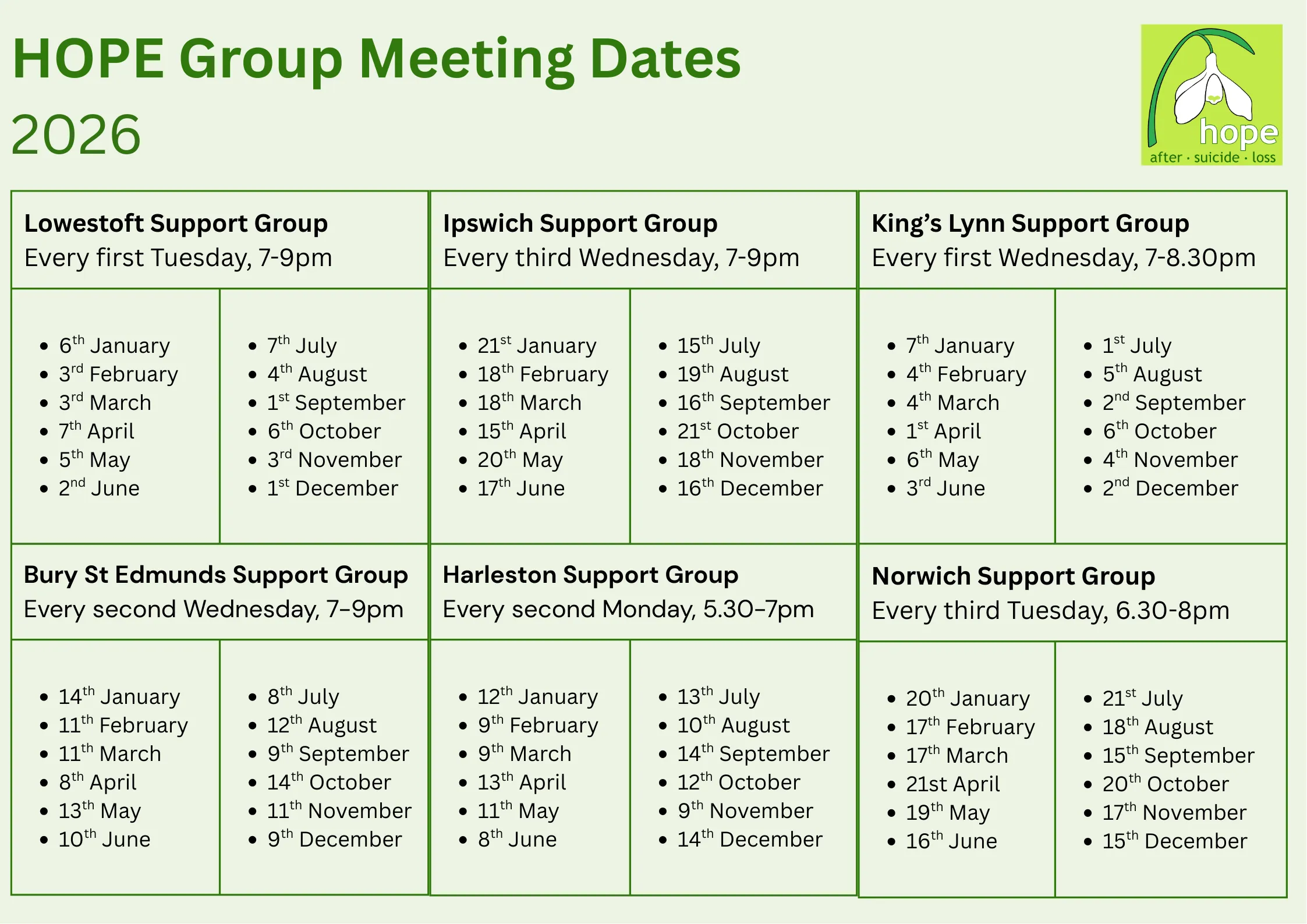 HOPE Groups Calendar 2026